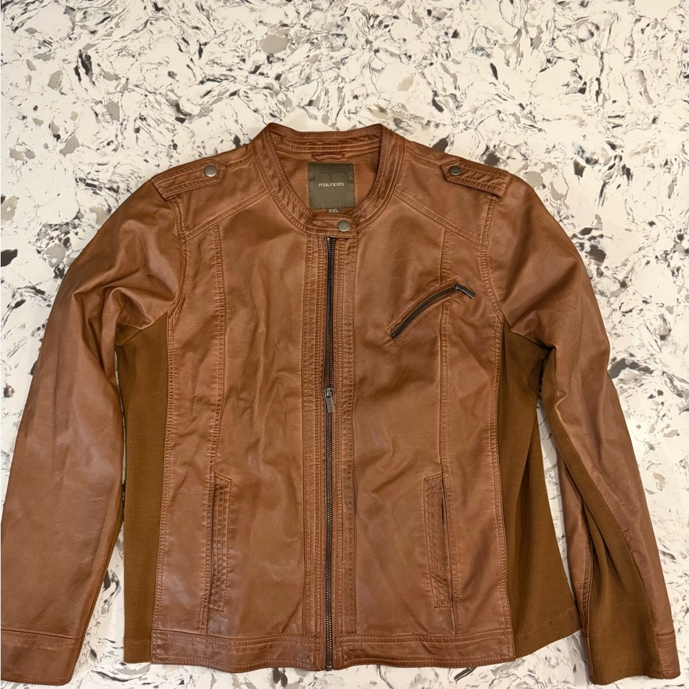 💕 MAURICES - Faux Leather Moto Jacket - Rich Cognac Brown - Ribbed - XXL 💕